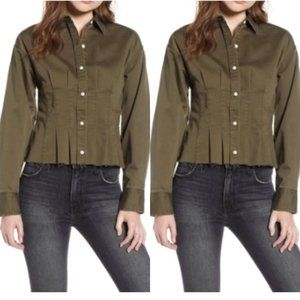 Current/ Elliott The Tella Button Down Shirt Pleated Raw Hem Sz L Rural Green
